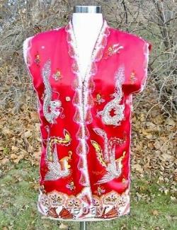Gilet moyen en soie chinoise vintage Fabuleux Phoenix Dragon perlé NWT