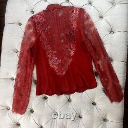 Haut vintage en daim rouge pour femme, avec dentelle, perles à la main, fermeture éclair au dos et manches longues bohème