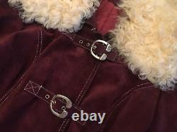 Iconique Vtg 60s 70s Burgundy Suede Leather Mongolia Furs Longueur Coat Buckles