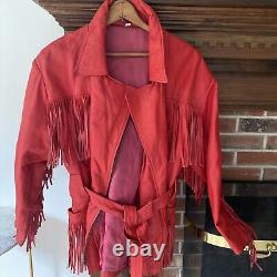 Incroyable manteau en cuir rouge à franges vintage de grande taille pour festival
