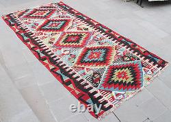 Kilim turc de taille 5x9 avec motif vintage en zigzag Esme en rouge tissé à la main 156x303cm