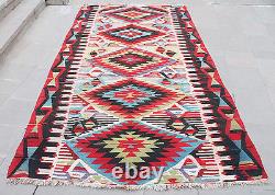 Kilim turc de taille 5x9 avec motif vintage en zigzag Esme en rouge tissé à la main 156x303cm