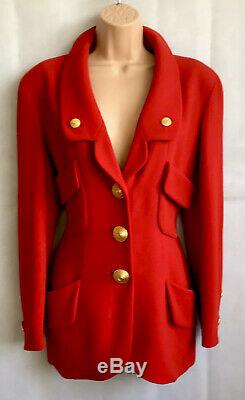 Laine Chanel Red Coat Vintage Veste CC Logo Grands Boutons Taille 42