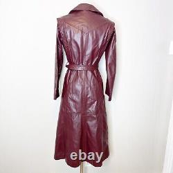 Manteau en cuir bordeaux vintage des années 80, taille XS, long trench-coat ajusté