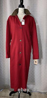 Manteau en laine rouge WOOLRICH neuf avec étiquette, col en cuir long, patchs, doublure, taille XL, vintage, fabriqué aux USA.