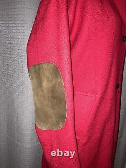 Manteau en laine rouge WOOLRICH neuf avec étiquette, col en cuir long, patchs, doublure, taille XL, vintage, fabriqué aux USA.