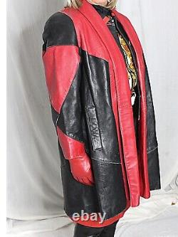 Manteau évasé en cuir pour femmes, rare rouge et noir Tibor XS, vintage des années 80-90, en doux cuir d'agneau.