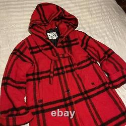 Manteau long à capuche en laine à carreaux rouge et noir pour femmes Woolrich des années 80, taille large aux États-Unis
