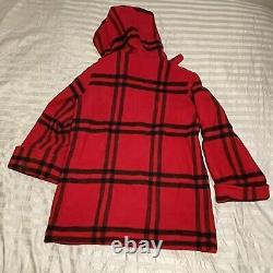 Manteau long à capuche en laine à carreaux rouges et noirs pour femmes Woolrich des années 80, taille large/L, États-Unis.