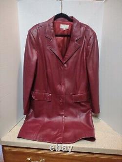 Manteau long vintage en cuir d'agneau rouge profond pour femme, taille 18