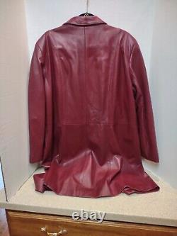 Manteau long vintage en cuir d'agneau rouge profond pour femme, taille 18