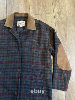 Manteau trench à carreaux Vintage Woolrich des années 90 pour femmes M en laine avec garnitures en cuir et patches fabriqué aux États-Unis