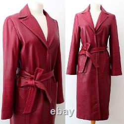 Manteau trench long ceinturé en cuir véritable rouge vintage BCBGMaxAzria taille 8