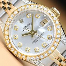 Mesdames Rolex Datejust Argent Diamond, Lunette Et Or Jaune 18 Carats Cosses / Montre En Acier