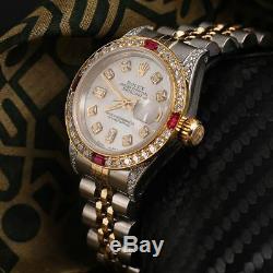 Mesdames Rolex Ss & Gold 26mm Datejust Blanc Mop Dial Ruby & Diamond Bezel