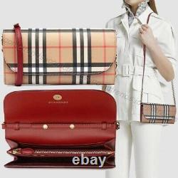 Nwtburberry Vintage Check Leather Chain Shoulder Bag Portefeuille Pochette Crimson Red