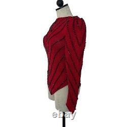 Pull vintage pour femme taille petite rouge en tricot, épaulettes bouffantes ornées de bijoux, col bateau