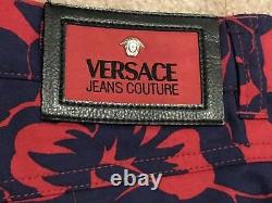 Rare Vintage Versace Jeans Couture Cotton Jeans Taille 27 Imprimé Floral Bleu Rouge