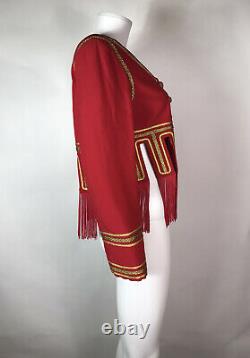 Rare Vtg Moschino Couture 80s Red Gold Brodé Griffin Fringe Crop Veste Xs