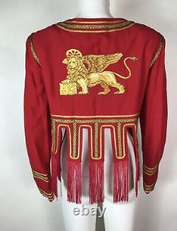 Rare Vtg Moschino Couture 80s Red Gold Brodé Griffin Fringe Crop Veste Xs