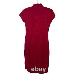 Robe Cheongsam Vintage Authentique pour Femme Taille 6 Rouge en Soie Pure à Manches Cap Midi