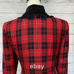 Robe En Plaid Rouge Vintage 80s S Double Velours Breasted Trim Fringe Holiday