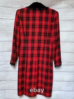 Robe En Plaid Rouge Vintage 80s S Double Velours Breasted Trim Fringe Holiday