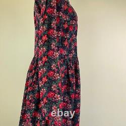 Robe Laura Ashley pour femmes Taille 12 Rouge Floral Cottagecore Prairie Modeste 80s VTG
