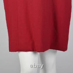 Robe en laine rouge Travilla des années 1980, petite taille, manches longues, style vintage, avec poignets évasés et jupe crayon.