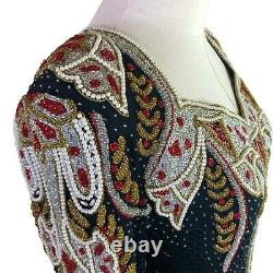 Robe en soie vintage Linzas pour femme, taille M, noire, rouge et or, longue et ornée de perles, style maxi