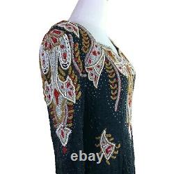 Robe en soie vintage Linzas pour femme, taille M, noire, rouge et or, longue et ornée de perles, style maxi