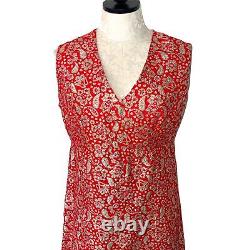 Robe femme vintage rouge sans manches en métallique, taille moyenne, faite main des années 60, décolleté en V doublé.