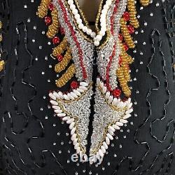 Robe longue maxi en soie vintage Linzas pour femme, taille moyenne, noire, rouge et dorée, ornée de perles.