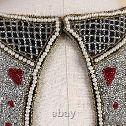 Robe longue maxi en soie vintage Linzas pour femme, taille moyenne, noire, rouge et dorée, ornée de perles.