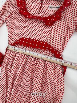 Robe maxi vintage pour femmes Victor Costa, taille 12, rouge et blanc à pois des années 1970 avec volants et ceinture