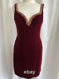 Robe vintage David Fielden en velours rouge avec perles, moulante, courte, taille 12, pour soirée.