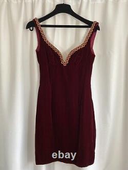 Robe vintage David Fielden en velours rouge avec perles, moulante, courte, taille 12, pour soirée.