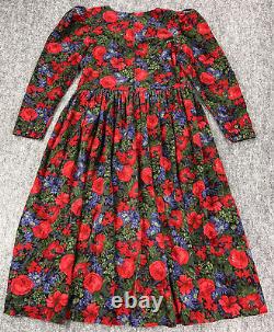 Robe vintage Laura Ashley pour femme taille 8, en velours côtelé à motifs floraux rouges, verts et violets, à taille basse.
