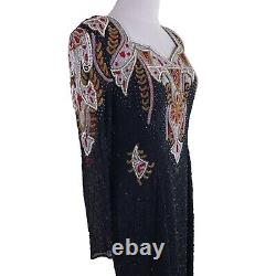 Robe vintage Linzas pour femme, taille moyenne, noire, rouge, or, en soie, longue, perlée, style maxi