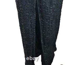 Robe vintage Linzas, taille moyenne, noir, rouge et or, 100% soie, longue, perlée, style maxi moulante.