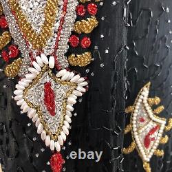 Robe vintage en soie Linzas pour femme, taille moyenne, noire, rouge et dorée, ornée de perles, longue et maxi
