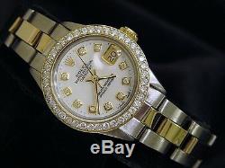 Rolex Datejust Lady 14k Montre En Or Jaune En Acier Blanc Mop Dial Diamond Bezel 1ct
