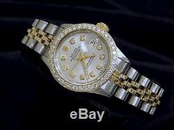 Rolex Datejust Lady 14k Montre En Or Jaune Et Acier Argenté Diamond Dial Lunette 1ct