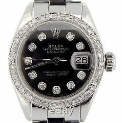 Rolex Datejust Lady Montre En Acier Inoxydable Oyster Black Diamond Dial. 70ct Bezel