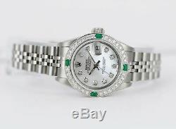 Rolex Montre En Acier Datejust Lady 6917 Blanc Mop Dial Diamond & Bezel W Emeralds