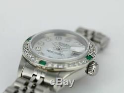 Rolex Montre En Acier Datejust Lady 6917 Blanc Mop Dial Diamond & Bezel W Emeralds