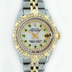Rolex Montre En Acier Femmes Datejust Or Jaune 18 Carats Mop Diamant / Cadran Emeraude