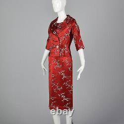 S 1960s Robe Rouge Floral Brocade Robe Matching Veste Printemps Été 60s Vtg