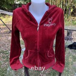 S Vtg Bourgogne Strass Rouge Playboy Bunny Hoodie Sweatshirt Zip Y2k 90s Velvet