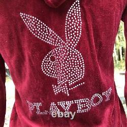 S Vtg Bourgogne Strass Rouge Playboy Bunny Hoodie Sweatshirt Zip Y2k 90s Velvet